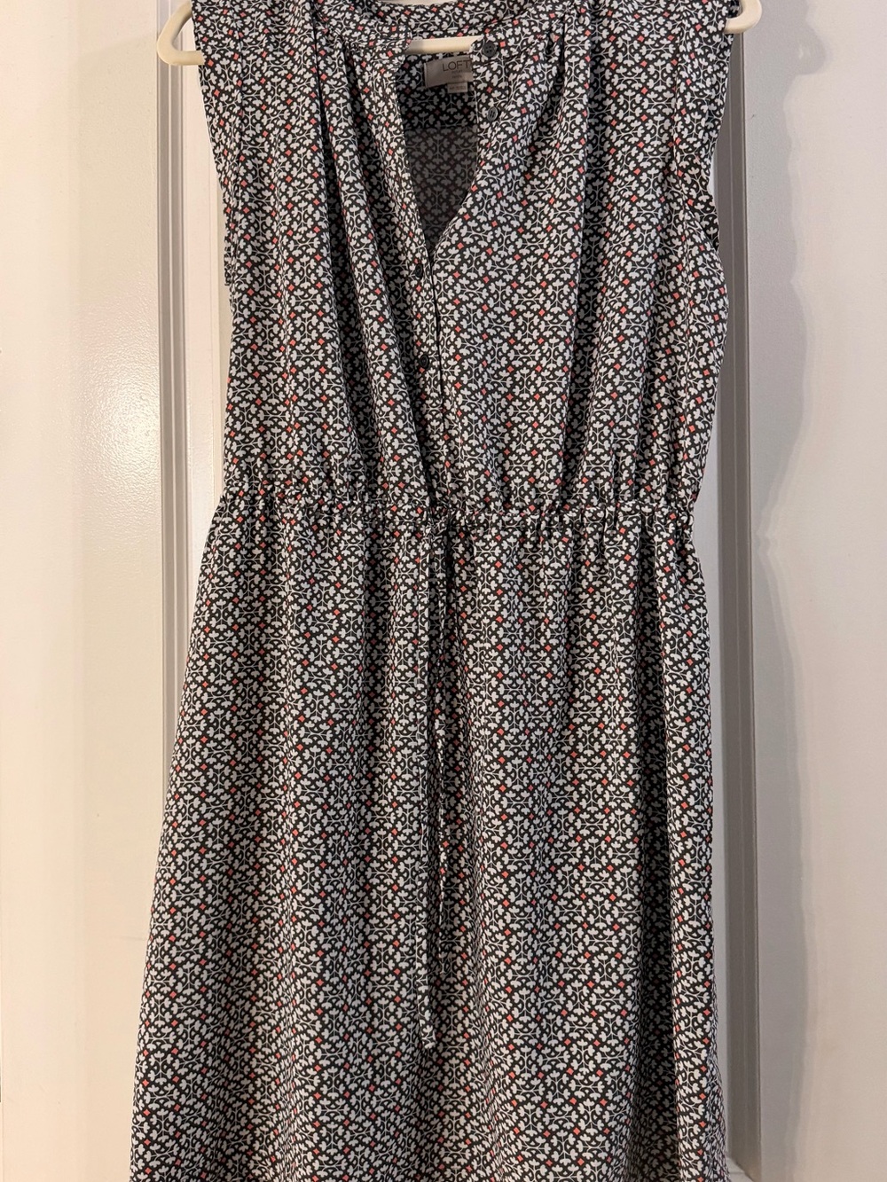 LOFT Grey and White Midi Dress with Pink Dot Print
